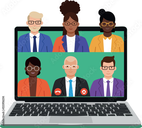 Diverse remote team video conference call on laptop screen showing business professionals collaborating online in virtual meeting