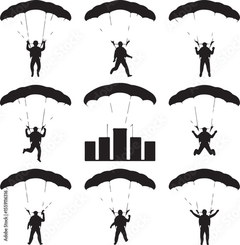 Parachuting Silhouette Clipart – Skydiver and Parachute SVG Bundle

Skydiving Action Silhouettes – Freefall and Parachute Vector Art

Extreme Sport Silhouette Set – Parachuting and Skydiving Designs

