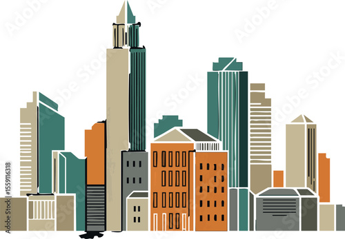 City skyline vector illustration with modern buildings and urban architecture in muted green and orange colors