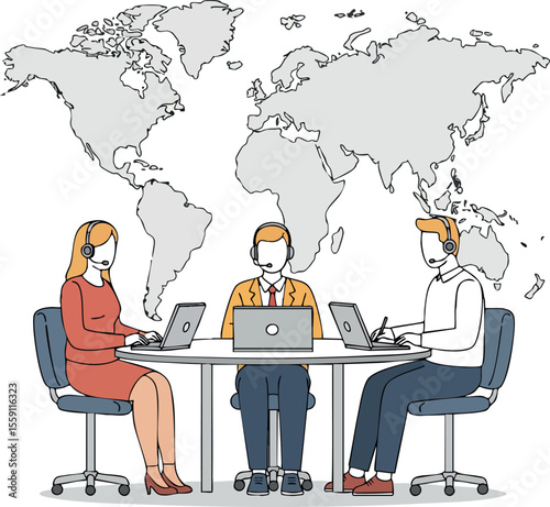 Customer support team working with laptops and headsets in office with world map background vector illustration