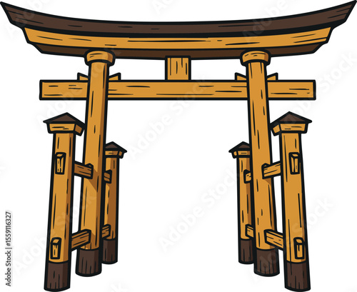 Japanese wooden torii gate vector with traditional design and brown colors for cultural and religious symbolism