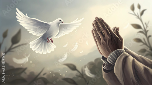 White dove flying with praying hands spiritual art for peace hope and faith illustration concept