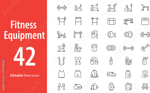 Fitness Equipment Line Icons, Dumbbell, Treadmill, Kettlebell, Yoga Mat, Resistance Band, Barbell, and More , Editable Formats: AI, EPS, JPG, PNG , Ideal for Both Digital and Print Use