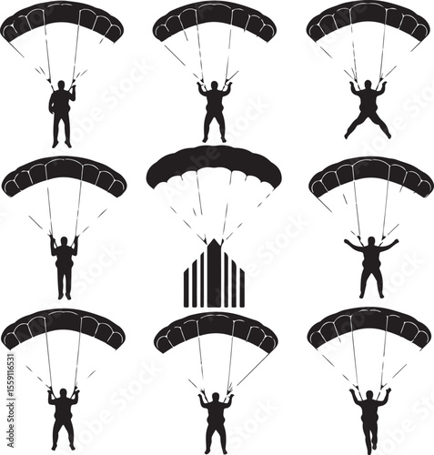 Parachuting Silhouette Clipart – Skydiver and Parachute SVG Bundle

Skydiving Action Silhouettes – Freefall and Parachute Vector Art

Extreme Sport Silhouette Set – Parachuting and Skydiving Designs

