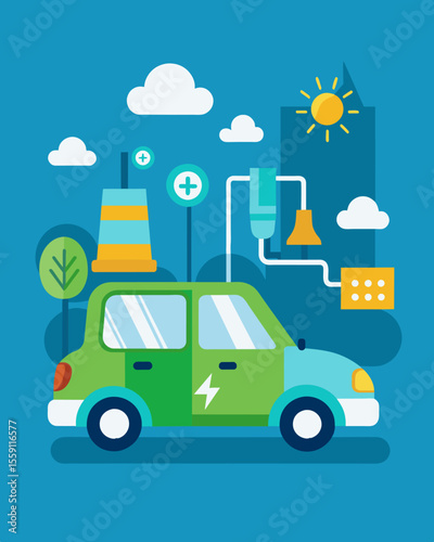 A hybrid car that runs on both electricity and hydrogen fuel cells reducing carbon emissions and promoting a cleaner transportation alternative.. Vector illustration