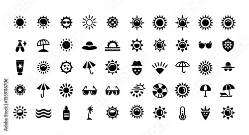 Sun and Protection Outline Icon Set – Editable Stroke Vector with Sunscreen, SPF, Ultraviolet, Sunglasses, Umbrella, Sunburn, and Sun Hat Symbols

