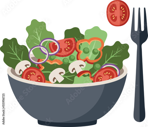 Fresh vegetable salad bowl with tomatoes mushrooms and leafy greens healthy food meal illustration vector