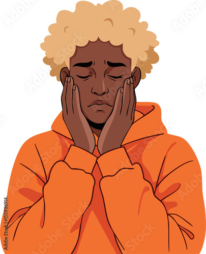 Young person with curly blonde hair wearing orange hoodie showing stressed and worried expression vector illustration