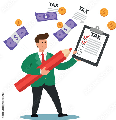 Businessman filling tax checklist with large red pencil and flying money coins vector illustration