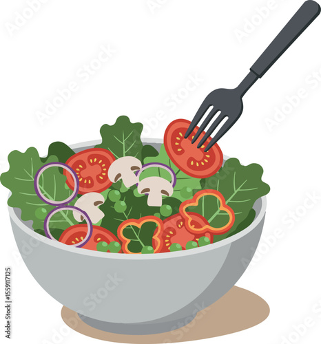 Fresh vegetable salad with tomato rings and fork in white bowl healthy food concept vector illustration
