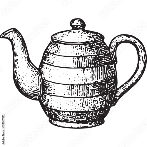 A hand-drawn black and white vintage teapot with striped texture and classic curved spout and handle