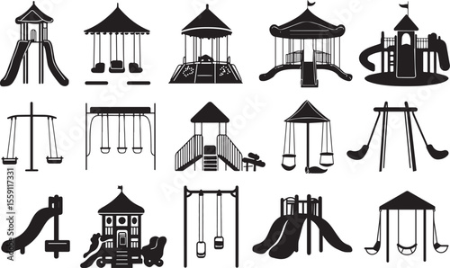 Set of icons of black silhouettes of playground elements. Slide, swing, sandbox, carousel and more. Children's Park and Outdoor Play Area Silhouettes.
