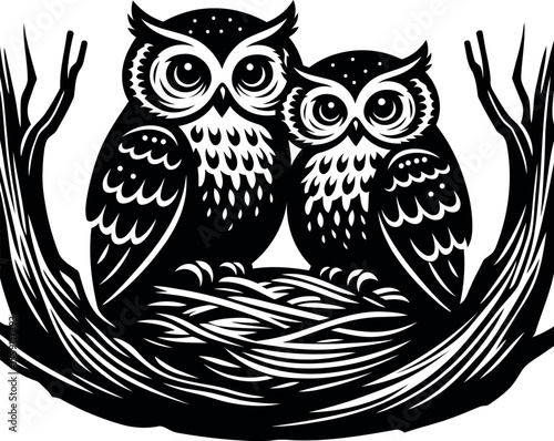 Two Owls in a Nest, Cozy Owl Pair Silhouette Inside Tree Hollow Ideal for Woodland Themed Home Decor