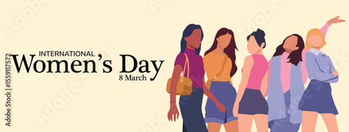 Banner for the International Women's Day. Modern Women of different nationalities in flat design style. Vector illustration
