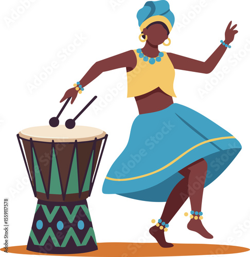 African woman dancing and drumming in traditional clothes with blue skirt and headwrap vector illustration