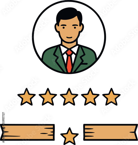 Businessman avatar with five star rating and ribbon badge for professional evaluation and customer feedback vector illustration
