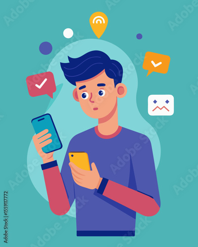 He tapped away at his phone unaware that the constant scrolling and notifications were slowly taking over his thoughts and actions.. Vector illustration