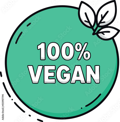 100 percent vegan green label badge with two leaves natural organic healthy lifestyle vector design
