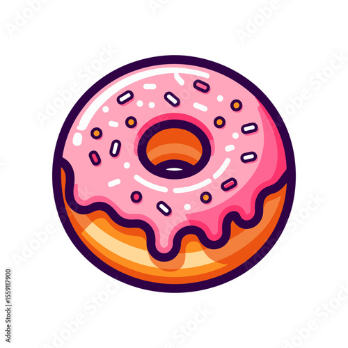 Colorful donut with pink icing and sprinkles, set against a simple white background
