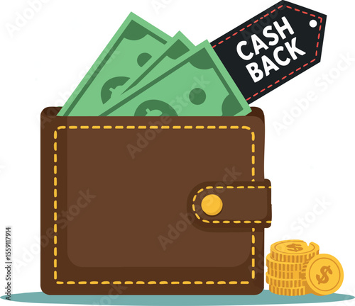 Wallet with cash bills and cashback tag concept for money savings and financial returns vector illustration