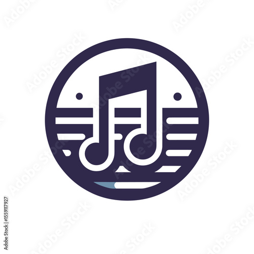 Circular logo featuring a music note with horizontal lines, symbolizing sound waves