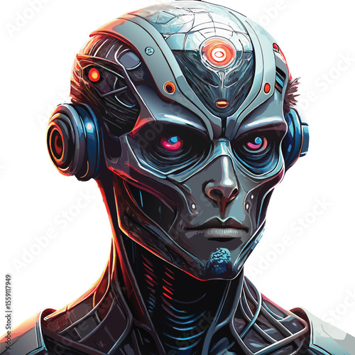 alien robot head & Transparent Skull Cyborg with Glowing Brain 