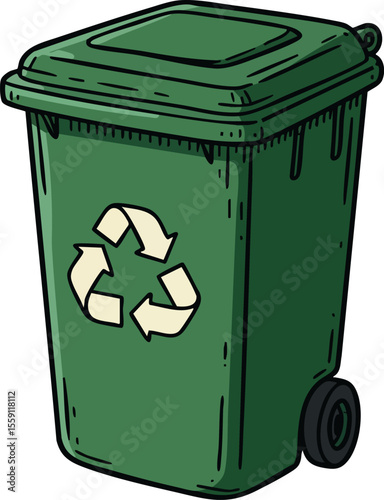 Green recycling bin with wheels and lid for waste management and environmental sustainability vector illustration
