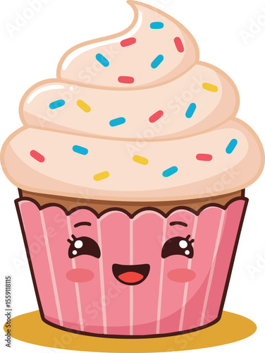 Cute cupcake with pink wrapper and colorful sprinkles happy smiling kawaii dessert vector illustration