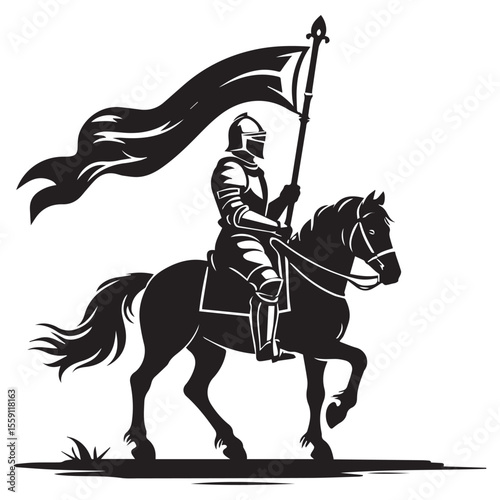 Silhouette of a medieval knight in full armor riding a horse holding a waving flag
