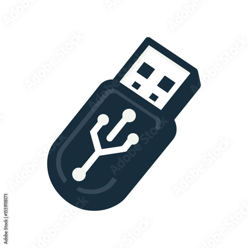 Black USB flash drive with a white connector on a plain background, ideal for tech-related visuals