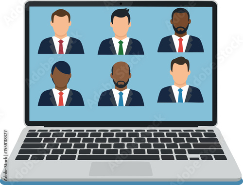 Remote business meeting with diverse professionals on laptop screen vector illustration for corporate communication and teamwork