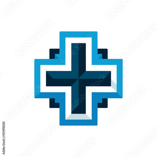 Abstract blue and black cross symbol on a white background, representing healthcare and wellness