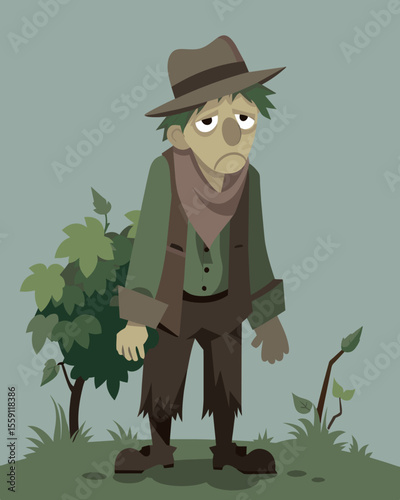 Dressed in old ragged clothes a lone freelancer tends to the vines their sunworn face showing years of hard work and dedication.. Vector illustration