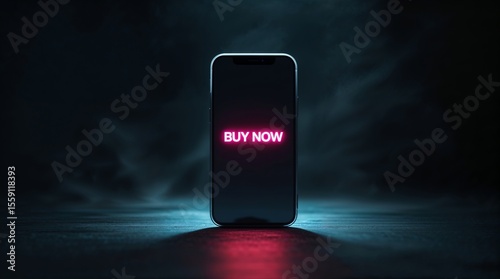Bright neon sign saying buy now illuminated on a smartphone in a dark setting with blue and purple light effects