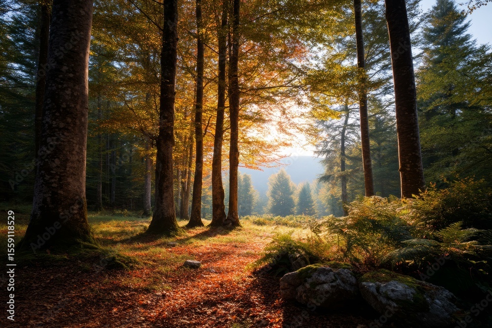 Fototapeta premium Autumn Forest Sunlight and Trees