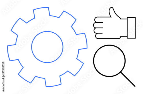 Gear symbolizing process, thumbs up indicating approval, magnifying glass for search focus. Ideal for business, development, research, analytics, quality control, SEO simple landing page