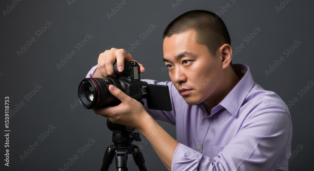 Obraz premium Asian photographer checking camera settings in well-equipped photo studio. Professional photography and creative industry workspace environment.
