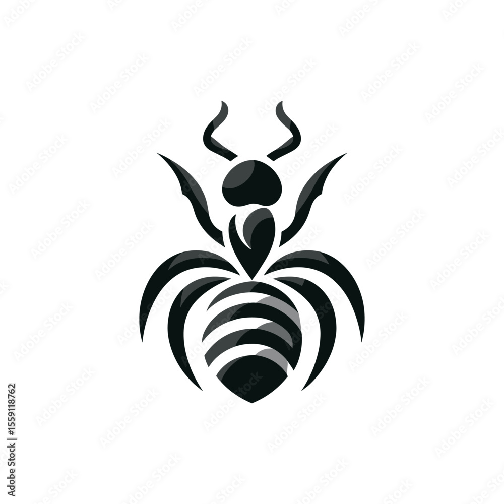 Stylized black ant illustration with intricate details and smooth curves on a plain background Stylized black ant illustration with intricate details and smooth curves on a plain background