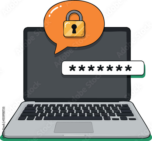 Laptop computer showing password protection with padlock security icon vector illustration for digital safety and privacy concept
