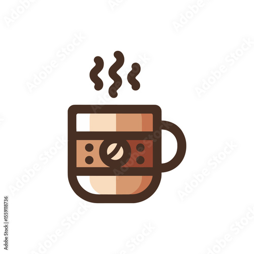 A steaming cup of coffee sits on a wooden table with a cozy café atmosphere in the background