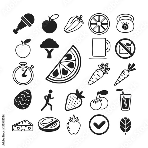 Wellness and Nutrition Vector Icon Set | Black Silhouette Line Icons | Editable Stroke | Healthy Food, Diet Plan, Weight Loss, Meal Management, Balanced Nutrition, and Lifestyle Wellness Icons