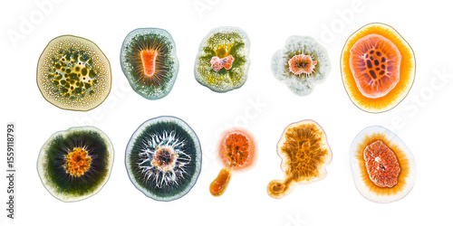 Assorted colorful mineral slices resembling agate or geological cross-sections are presented overhead on a transparent background for artistic