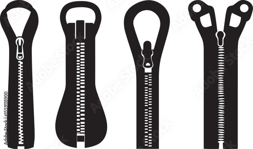 Zipper icons set – silhouette, bright fastener and closure designs. Fastener Zipper and Clothes Closure Silhouette Set.


