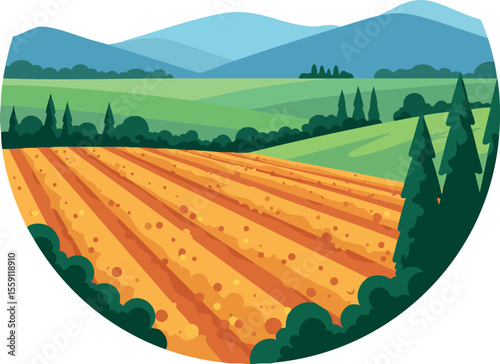 Rural farmland with plowed soil and green hills under blue sky natural agricultural landscape vector illustration