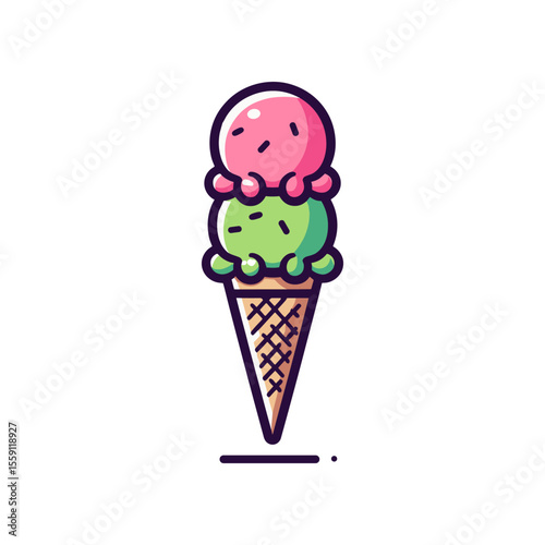 Colorful ice cream cone with pink and green scoops against a simple white background