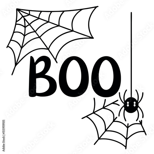 Spooky Halloween Boo with Cobwebs and Hanging Spider Decoration