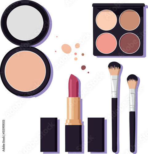 Makeup cosmetics set with lipstick powder compact eyeshadow palette and brushes for beauty routine and professional application