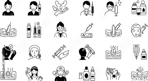 Mesotherapy icons set. Cosmetologists are performing facial treatments using needles, syringes, electric devices, creams, and other tools
