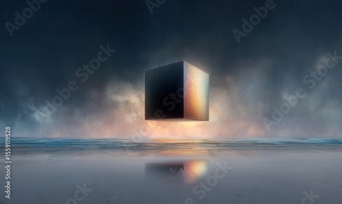 Iridescent black cube hovers above beach at Sunrise