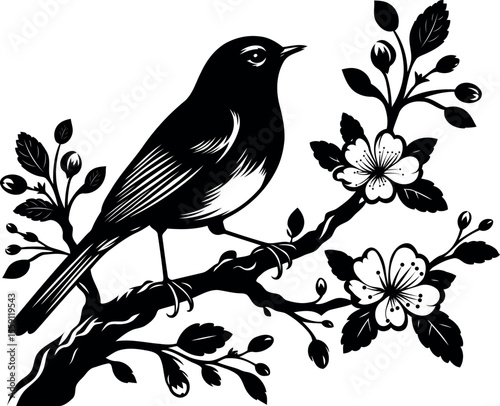  Robin Perched on Floral Branch Silhouette Design for Posters Stickers and Home Decor.